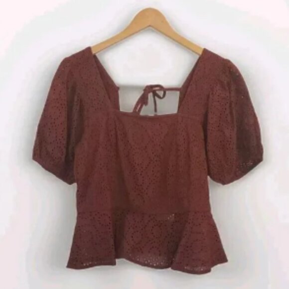 BOG Band Of The Free Eyelet Crop Top Women Medium Walnut Brown Boho Puff Sleeves - Picture 1 of 6